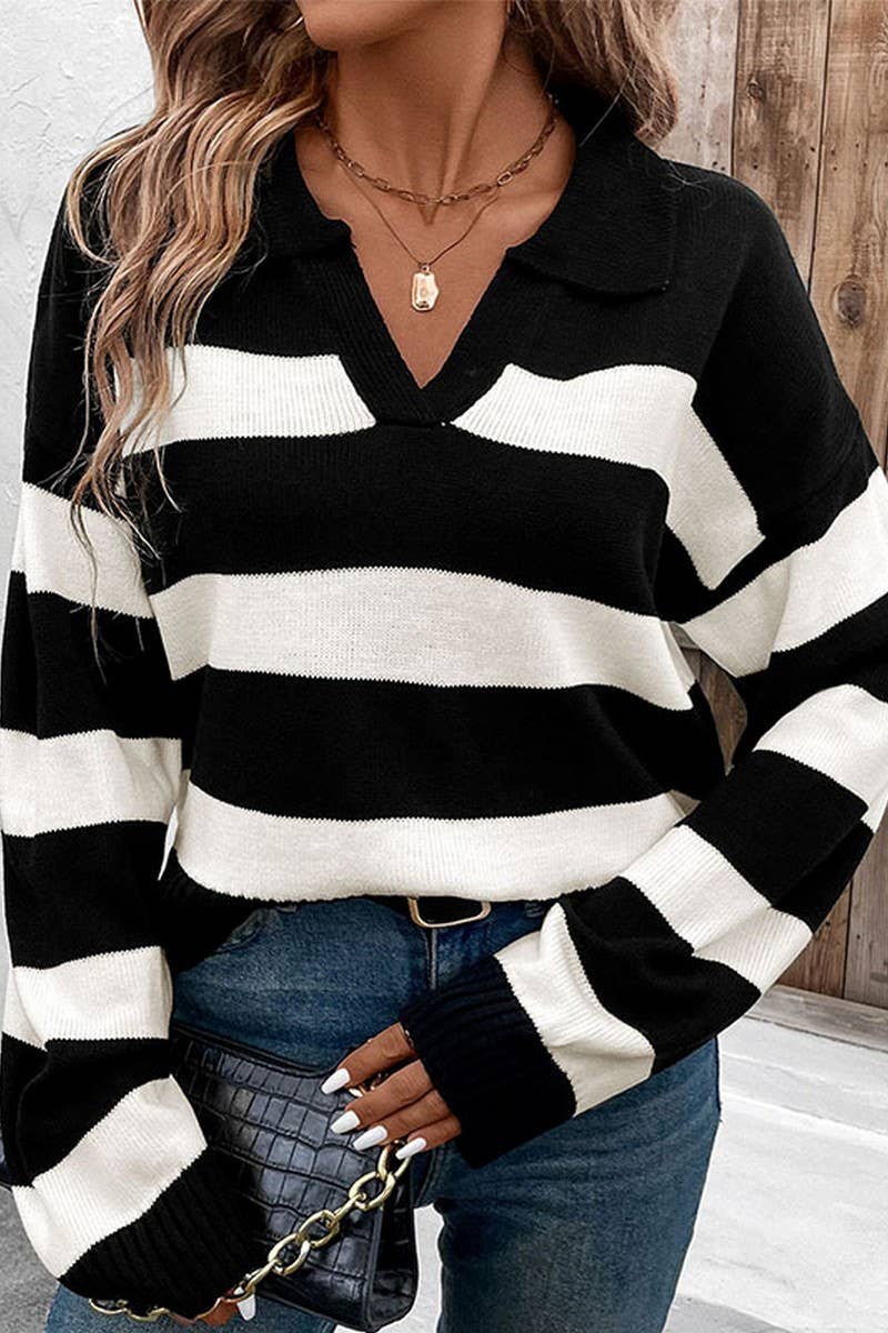 CWOSWL2785_LOOSE BLACK AND WHITE STRIPED LAPEL KNIT TOP