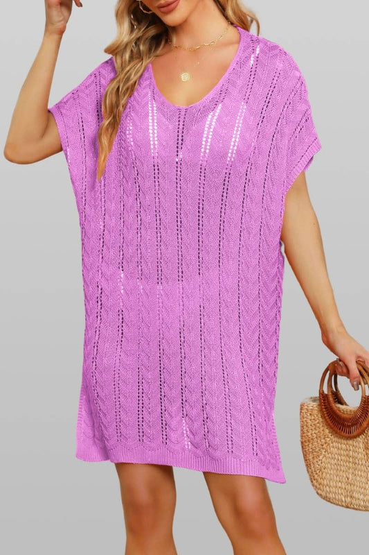 CWDSD3930_SOLID COLOR CUT-OUT SPLIT BEACH DRESS SMOCK