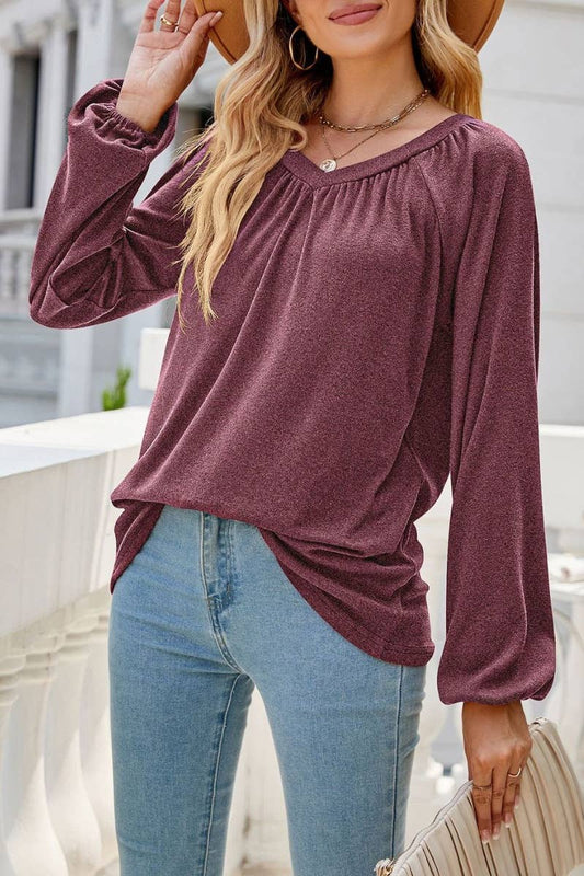 CWTBLL2858_LOOSE PLEATED V-NECK LONG SLEEVE TOP