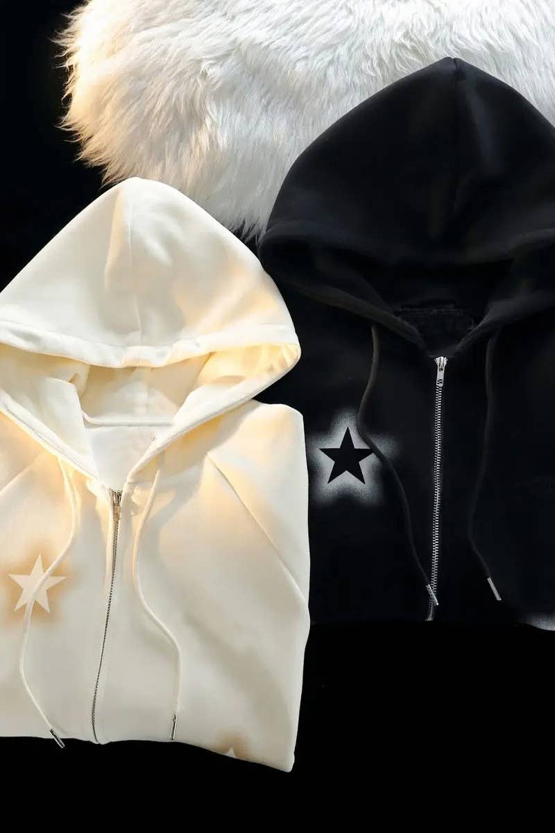 CWOCO1185_STAR PRINT LOOSE CASUAL ZIP-UP HOODED JACKET