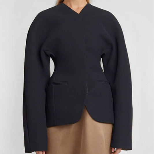 Elegant solid color lapel micro-sleeve coat