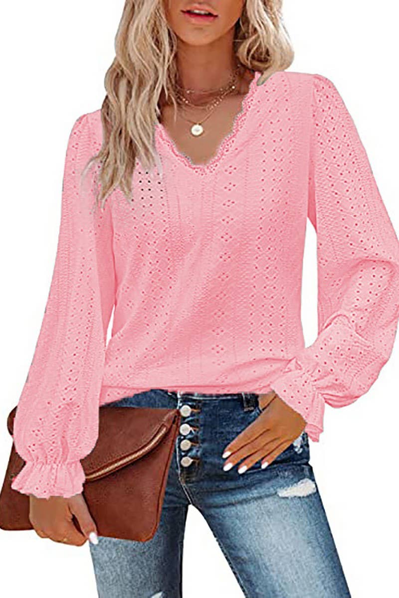 CWTBLL1046_V-NECK SOLID COLOR HOLLOW CASUAL LONG-SLEEVED TOP