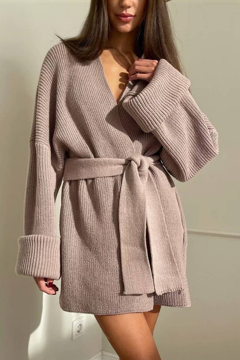 CWOCAL2240_SOLID COLOR LACE-UP LOOSE ROBE KNITTED CARDIGAN