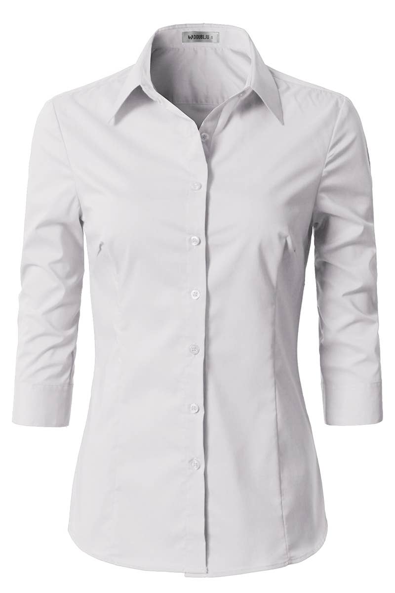 CWTSTS116_Basic Slim Fit Simple 3/4 Sleeve Button Down Shirt