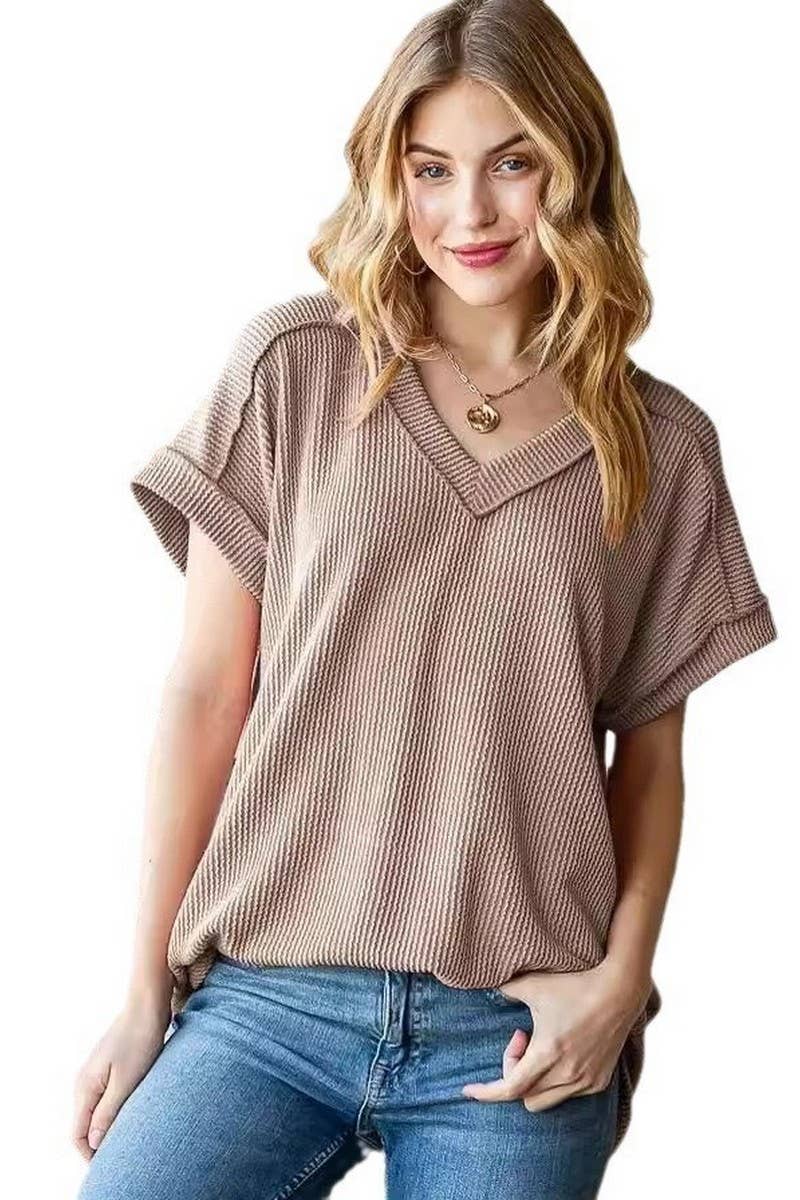 CWTBLS1500_V-NECK RIBBED JACQUARD KNIT SHORT-SLEEVED T-SHIRT