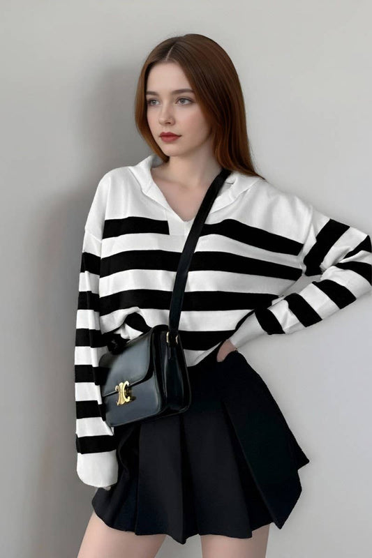 CWOSWL6954_COLORBLOCK STRIPED COLLARED KNIT PULLOVER SWEATER