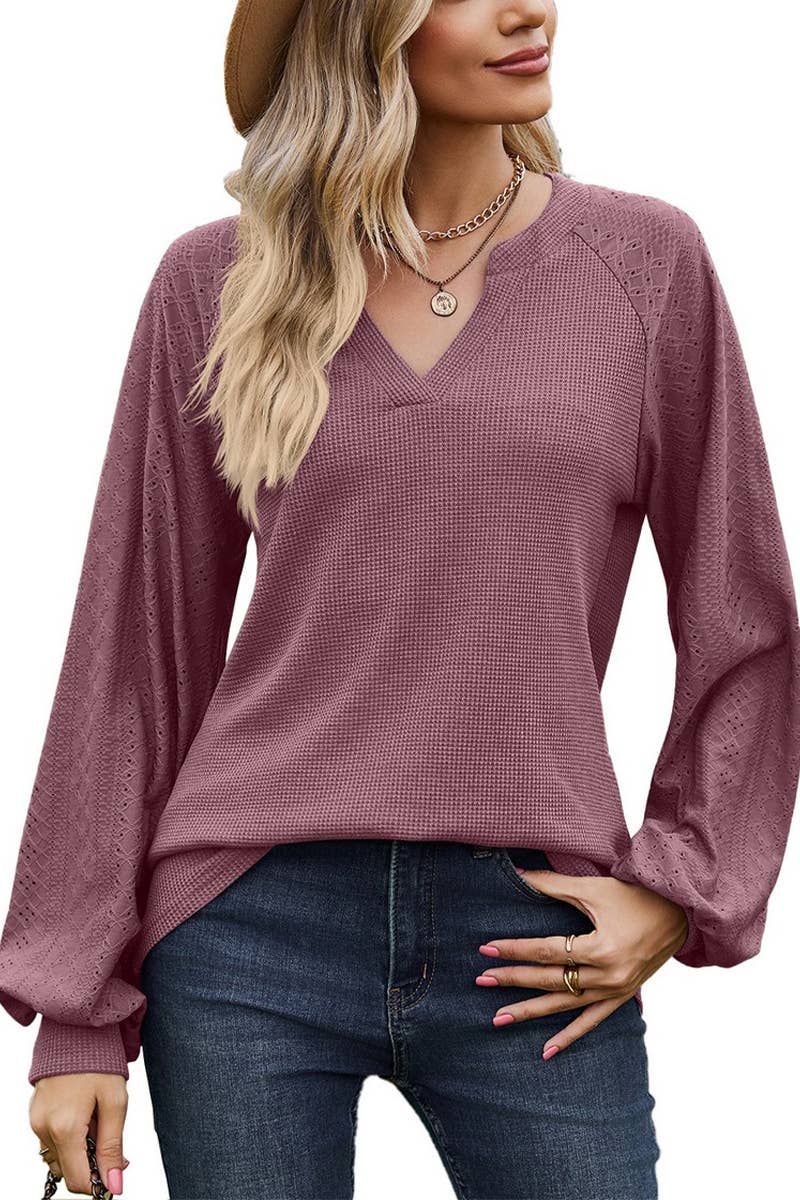 CWTTL1559_V-neck Pullover Long Sleeve Top