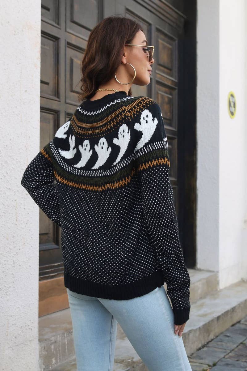 CWOSWL6375_VINTAGE SKULL GHOST PRINT LONG-SLEEVED SWEATER