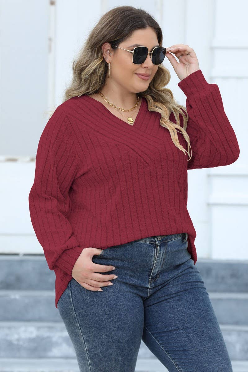 CWTTL1311_PLUS Size V-Neck Long Sleeve Pullover Top