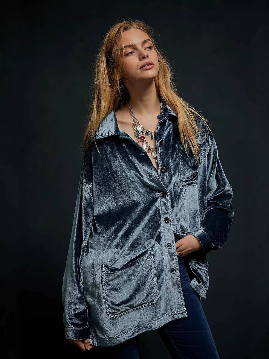 BUTTON-POCKET LOOSE VELVET LONG-SLEEVED SHIRT