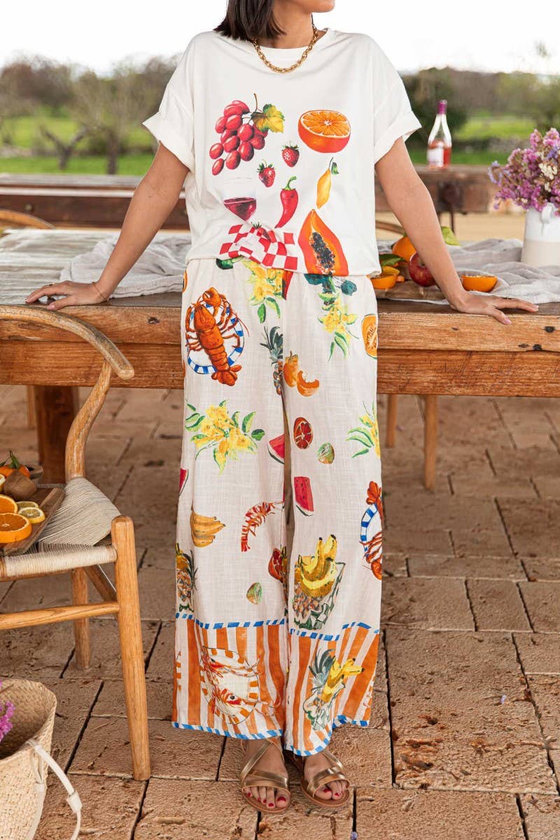 CWSS1255_GRAFFITI PRINT LOOSE T-SHIRT + WIDE-LEG PANTS SET