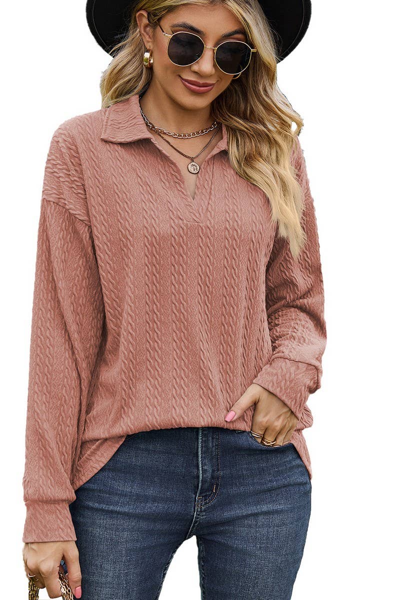 CWTBLL2376_SOLID COLOR LAPEL BUTTON LOOSE CASUAL TOP