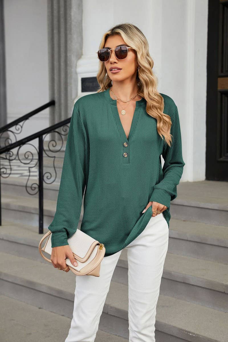 CWTBLL3675_V-NECK BUTTON-DOWN STRIPED WAVY CASUAL TOP