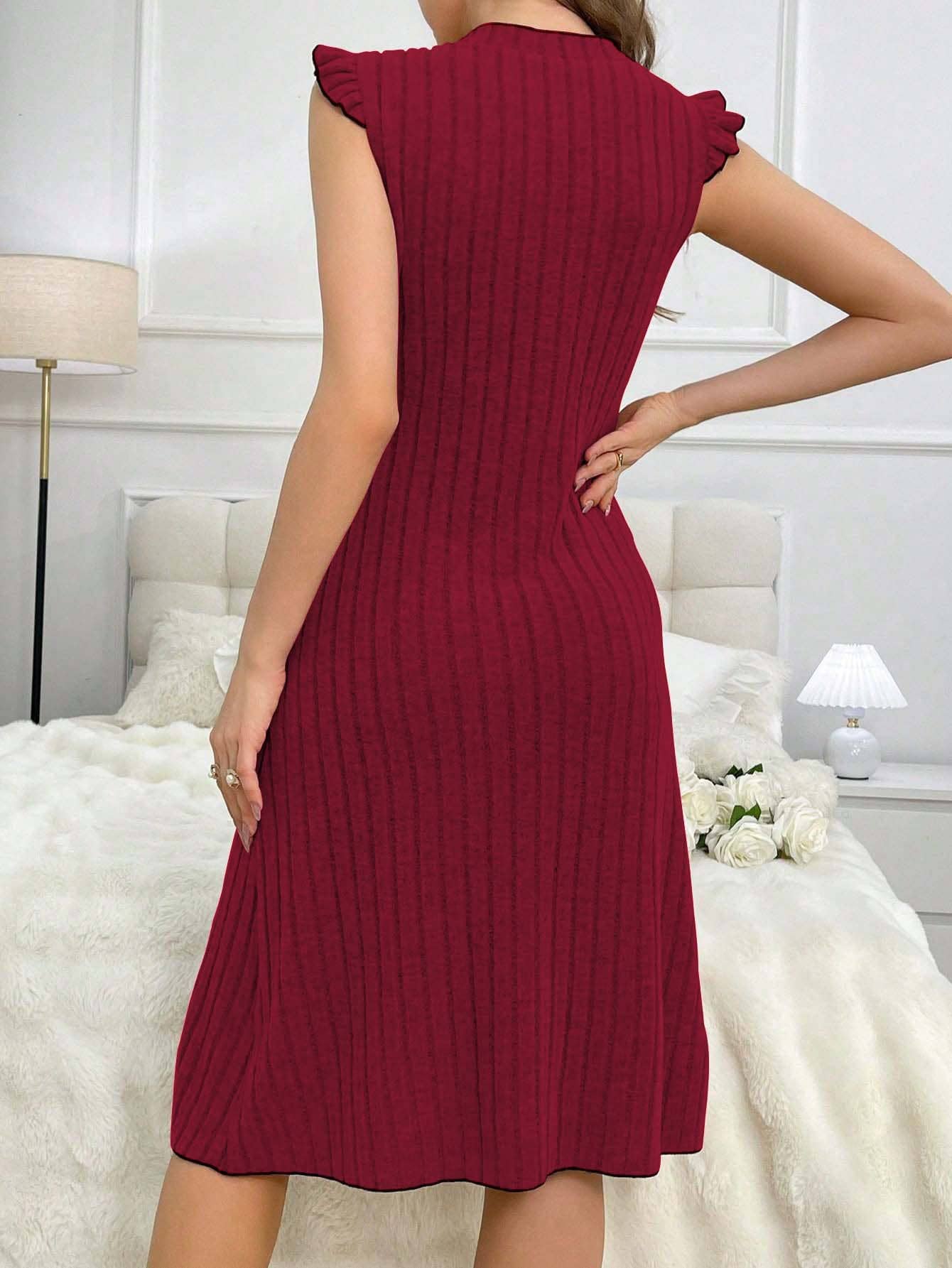 CASUAL BURGUNDY SINGLE-BREASTED SWEATER DRESS