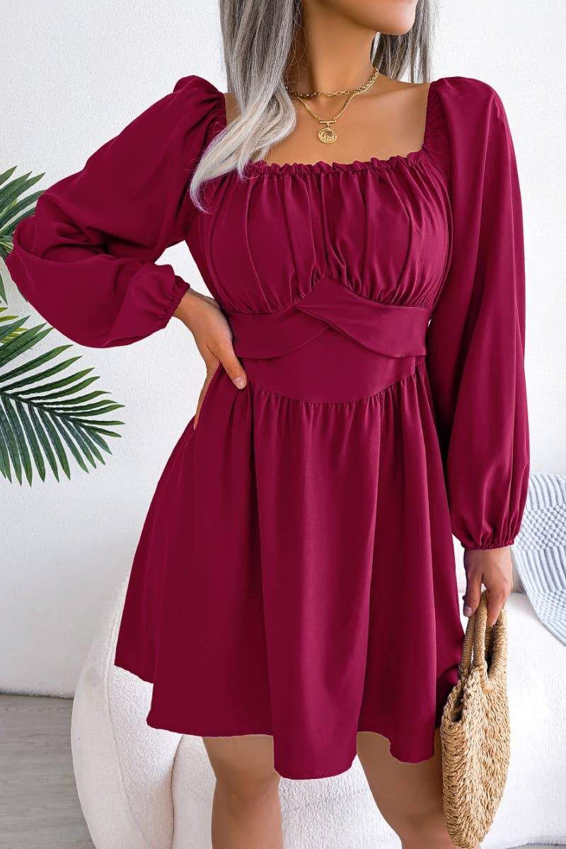 CWDSD4702_WAFFLE DRESS WITH SQUARE COLLAR AND WAIST