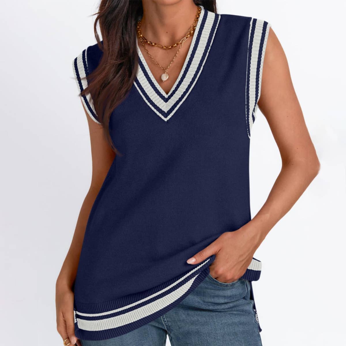 COLOR CONTRAST PREPPY V-NECK SLEEVELESS KNIT VEST