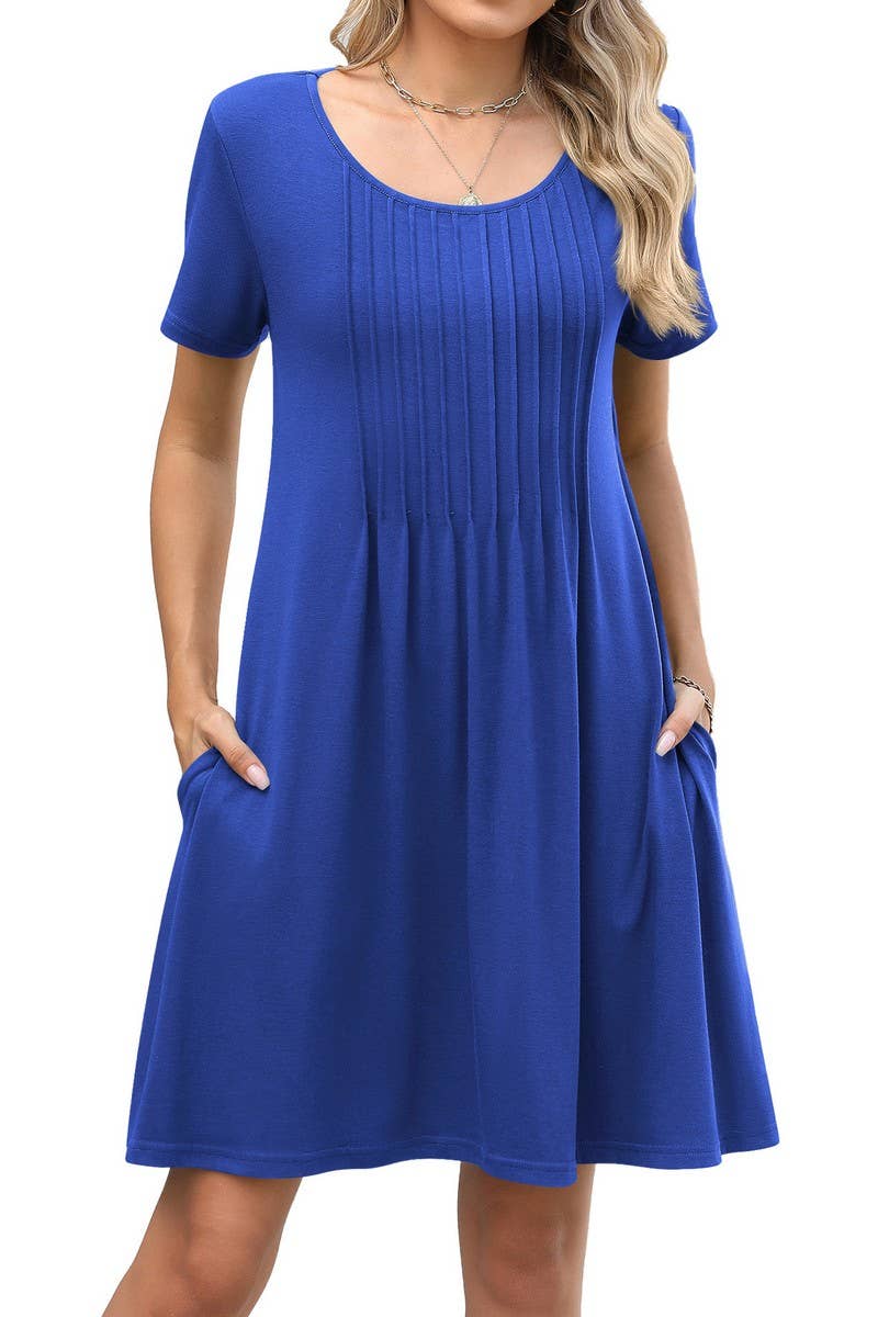 CWDSD10547_SUMMER SOLID COLOR ROUND NECK LOOSE POCKET DRESS
