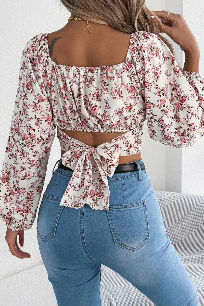 CWTBLL3974_FLORAL CHIFFON LANTERN SLEEVE TIE WAIST CROP TOP