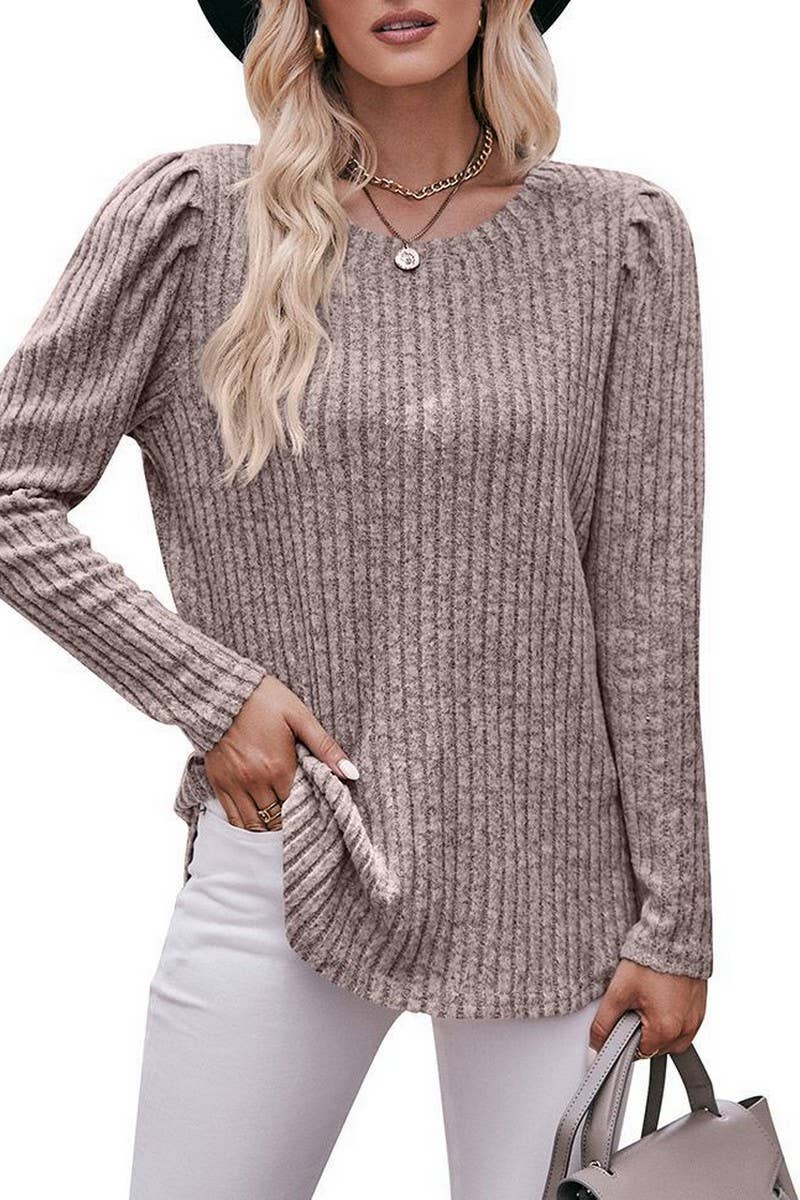 CWTBLL1832_ROUND NECK PUFF SLEEVE RIBBED SOLID COLOR TOP