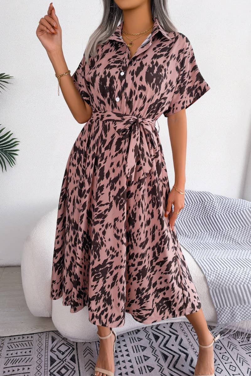 CWDMD2628_CASUAL LOOSE LEOPARD PRINT LACE-UP SHIRT DRESS