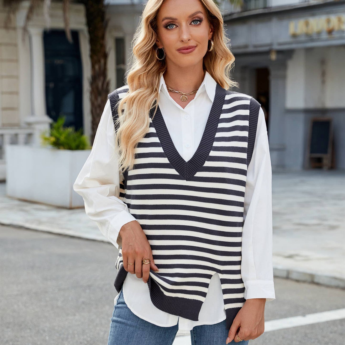 CASUAL V-NECK SPLIT SWEATER VEST VEST VEST