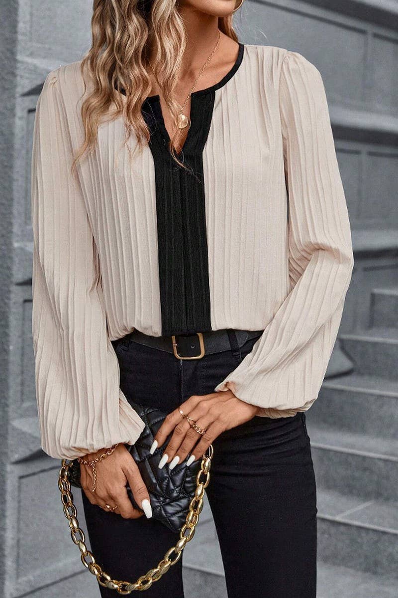 CWTBLL4007_COLORBLOCK V-NECK PUFF SLEEVE LONG SLEEVE SHIRT