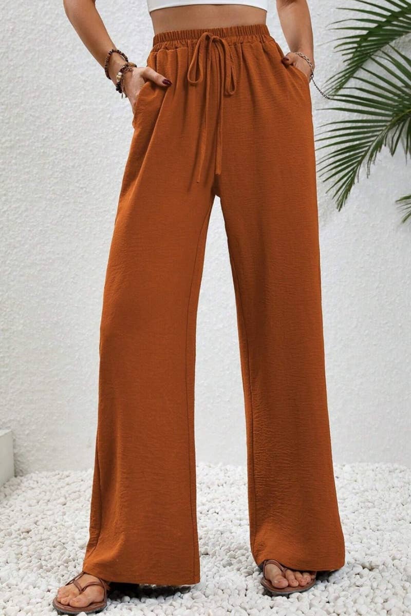 CWBMP0139_SUMMER CASUAL SOLID COLOR LACE-UP WIDE-LEG PANTS
