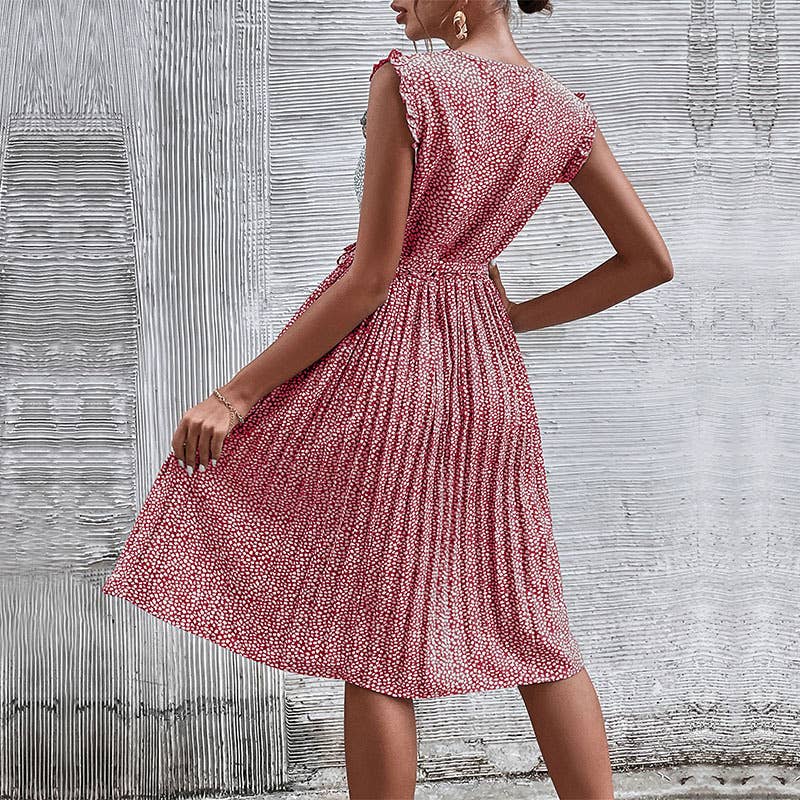 CASUAL LACE-UP GREEN FLORAL PLEATED DRESS