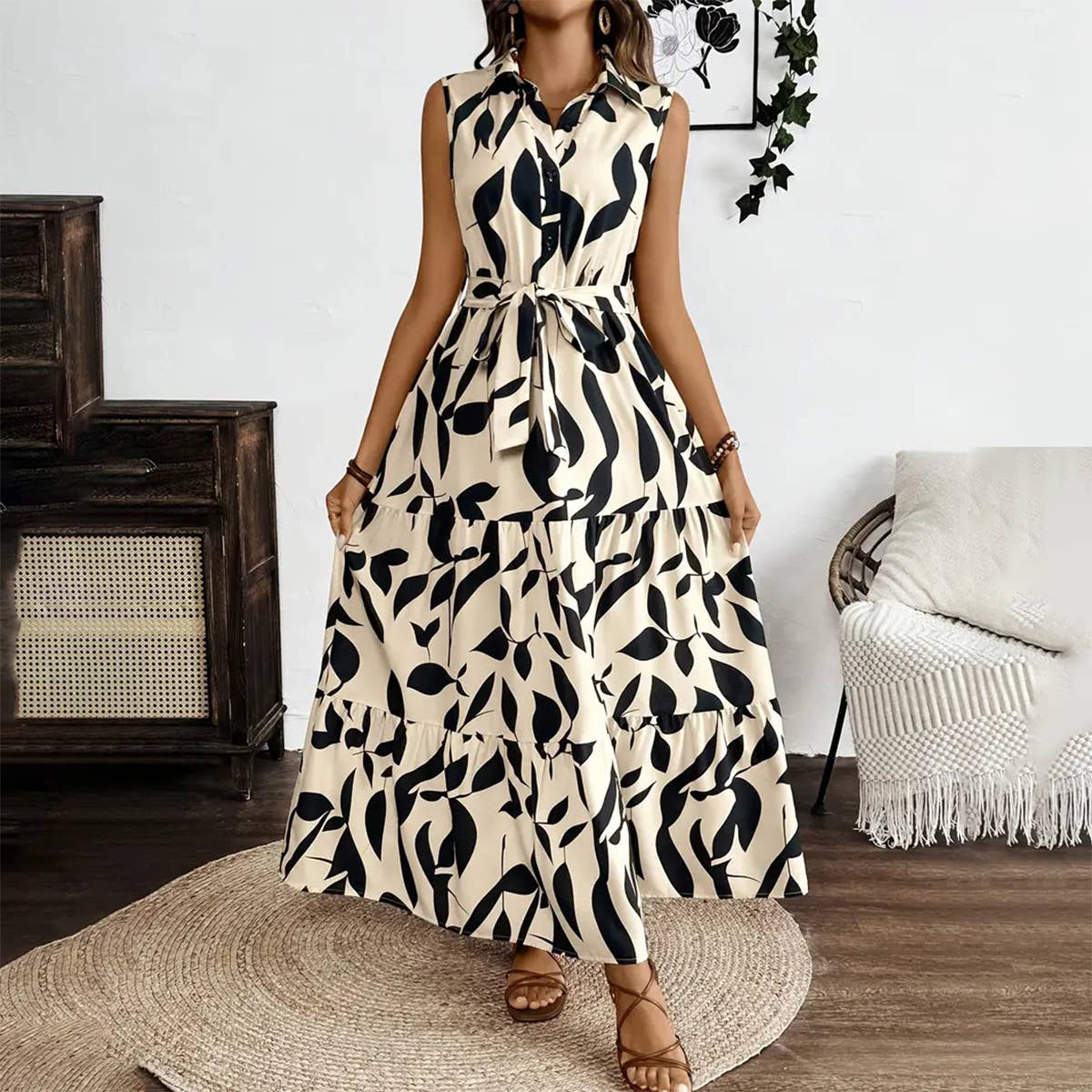 Elegant printed and a cinched waist long dress