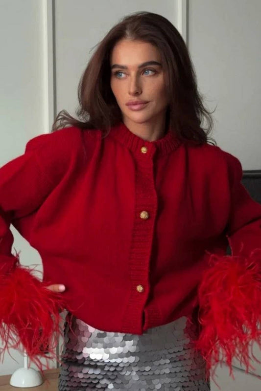 CWOCAL2196_FUR CUFFS CARDIGAN KNITTED SWEATER COAT