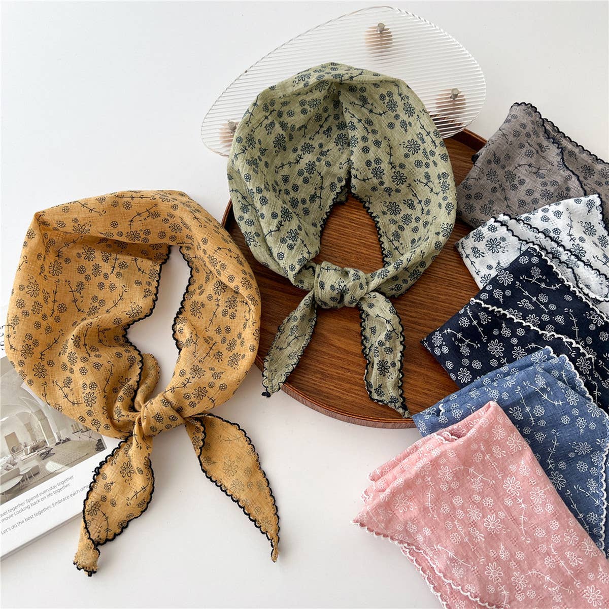 Lace Trim Cotton Linen Floral Triangle Scarf