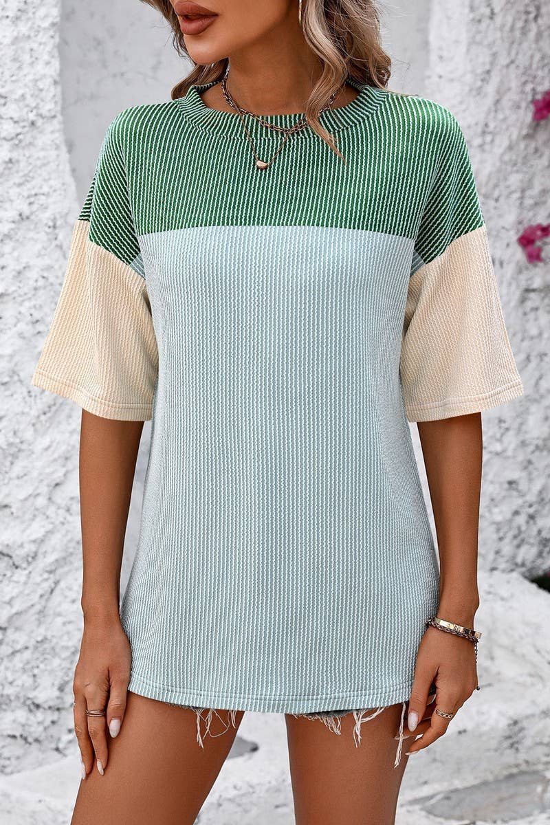 CWTTS1317_SUMMER ROUND NECK COLOR BLOCK LOOSE T-SHIRT
