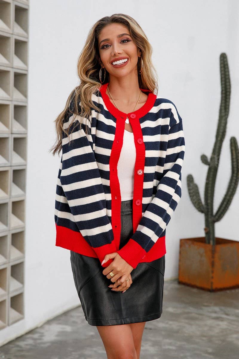 CWOCAL0510_Button Down Sleeve  V-Neck Cardigan Sweater