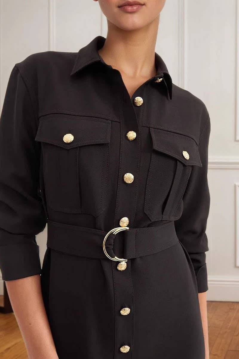 CWDMD6328_SINGLE-BREASTED METAL BUTTONED WORK SHIRT DRESS