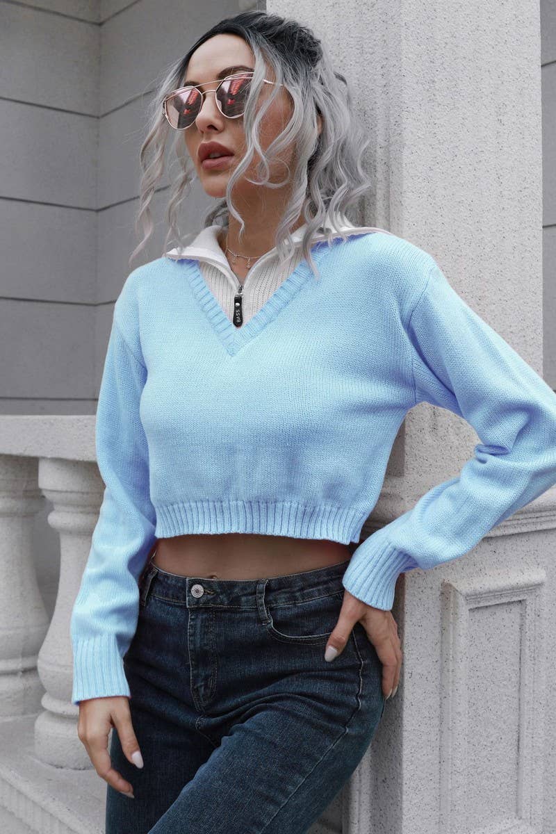 CWOSWL6858_ZIPPERED LAPEL COLORBLOCK CROPPED SWEATER