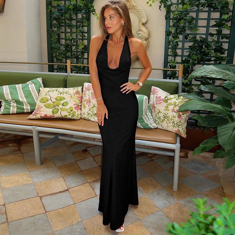 A cinched-neck backless and collared dress