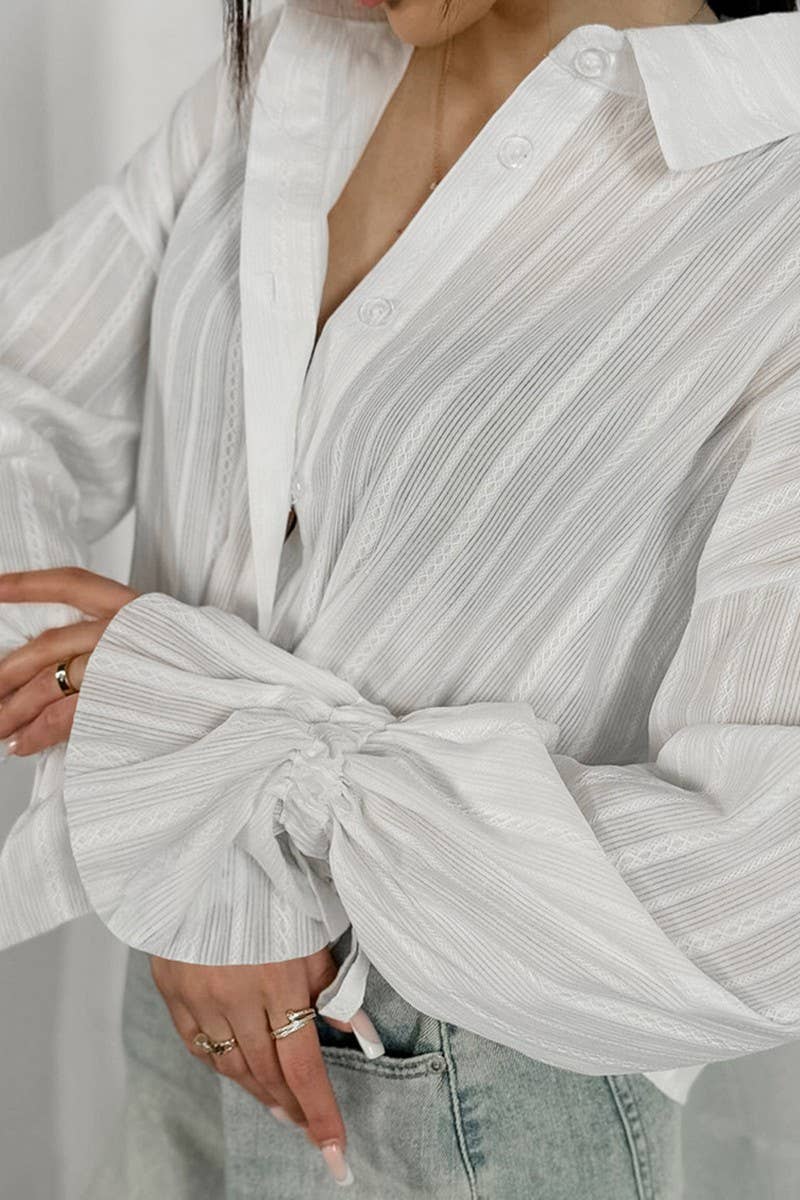 CWTSTL2610_JACQUARD TIE BELL SLEEVE SHIRT TOP