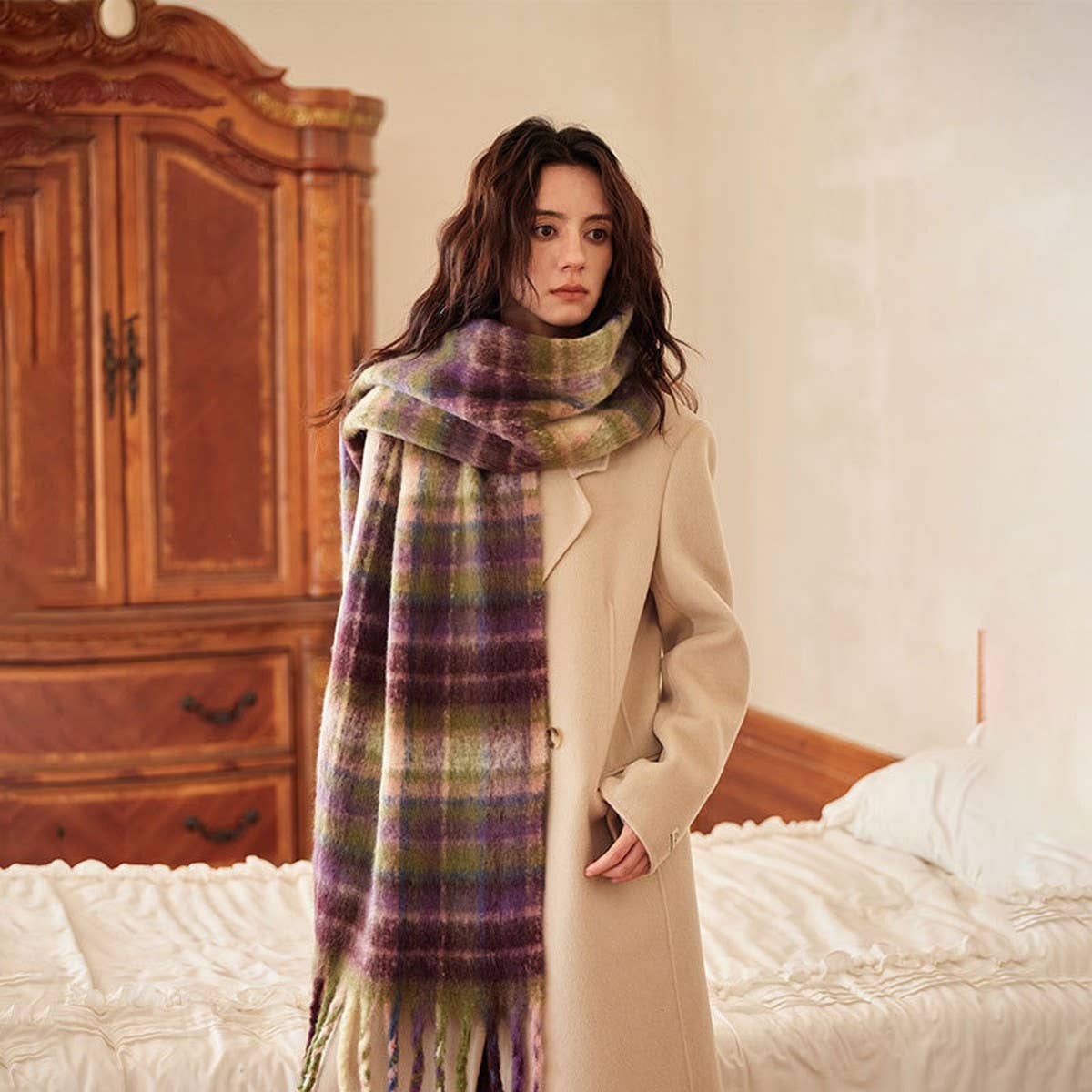 Colorblock Plaid Faux Cashmere Scarf for Winter