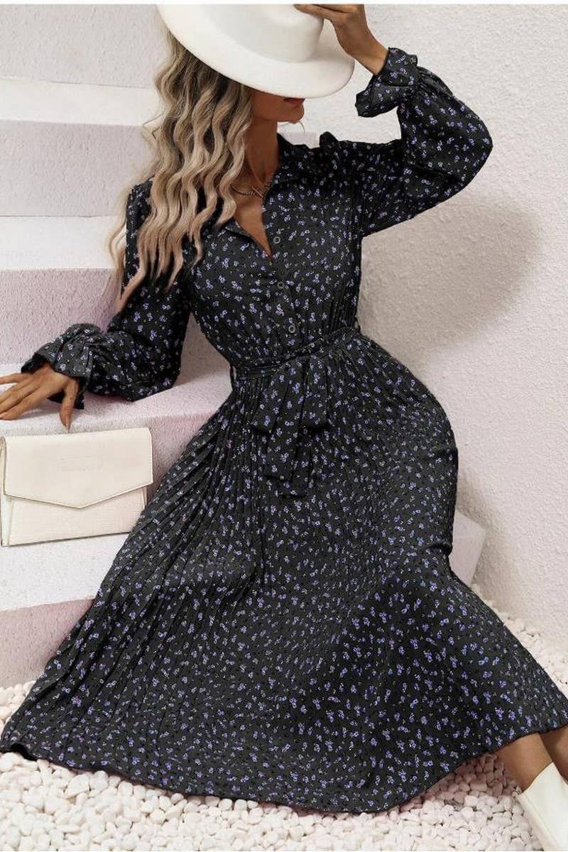 CWDMD4102_TIE-STRAP PLEATED LONG-SLEEVED SWING DRESS