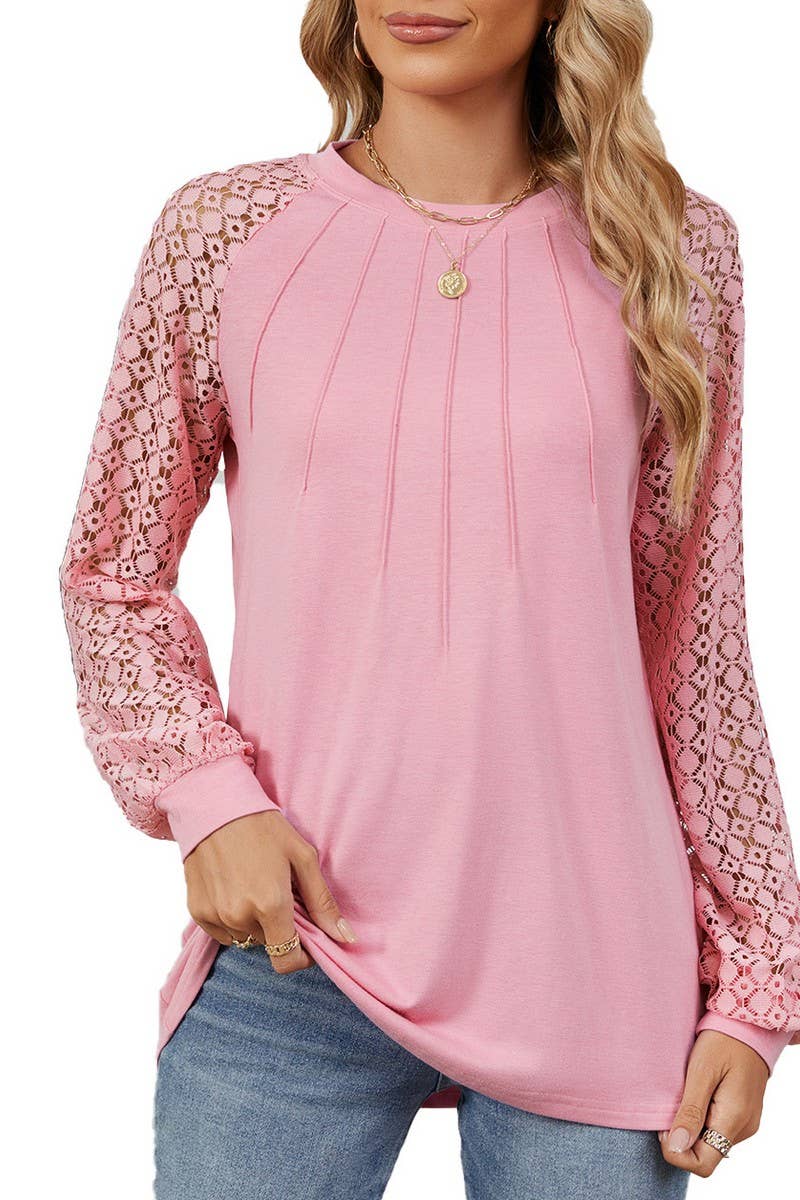 CWTBLL2349_AUTUMN AND WINTER ROUND NECK LACE CASUAL T-SHIRT