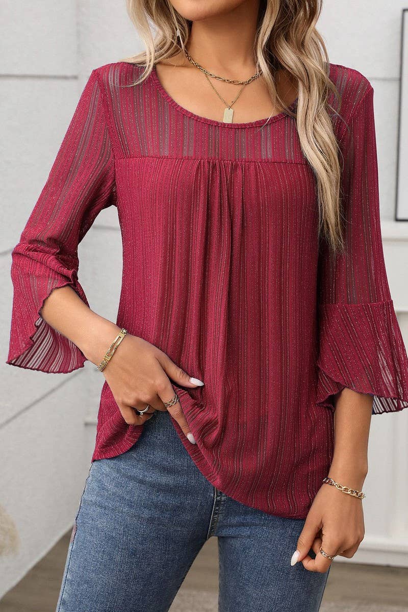 CWTBLL3696_ROUND NECK RUFFLE SLEEVE GLITTER MESH TOP
