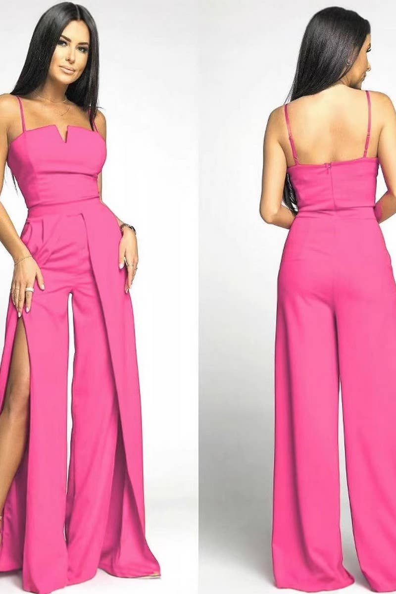 CWSJS1697_SOLID SLIM SPLIT LEG STRAPLESS JUMPSUIT