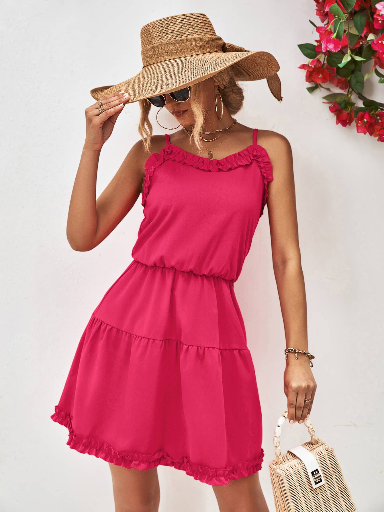 Cinched waist solid-color halter dress
