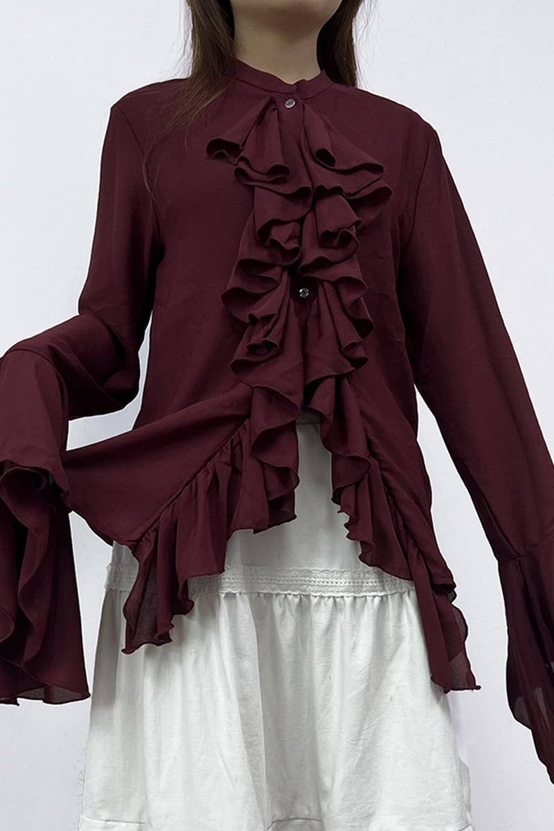 CWTBLL00603_BURGUNDY RUFFLED LONG-SLEEVED SHIRT