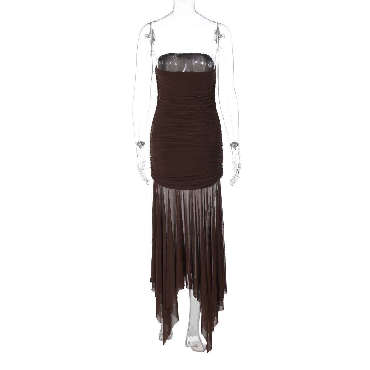 A strapless pleated patchwork gauze dress