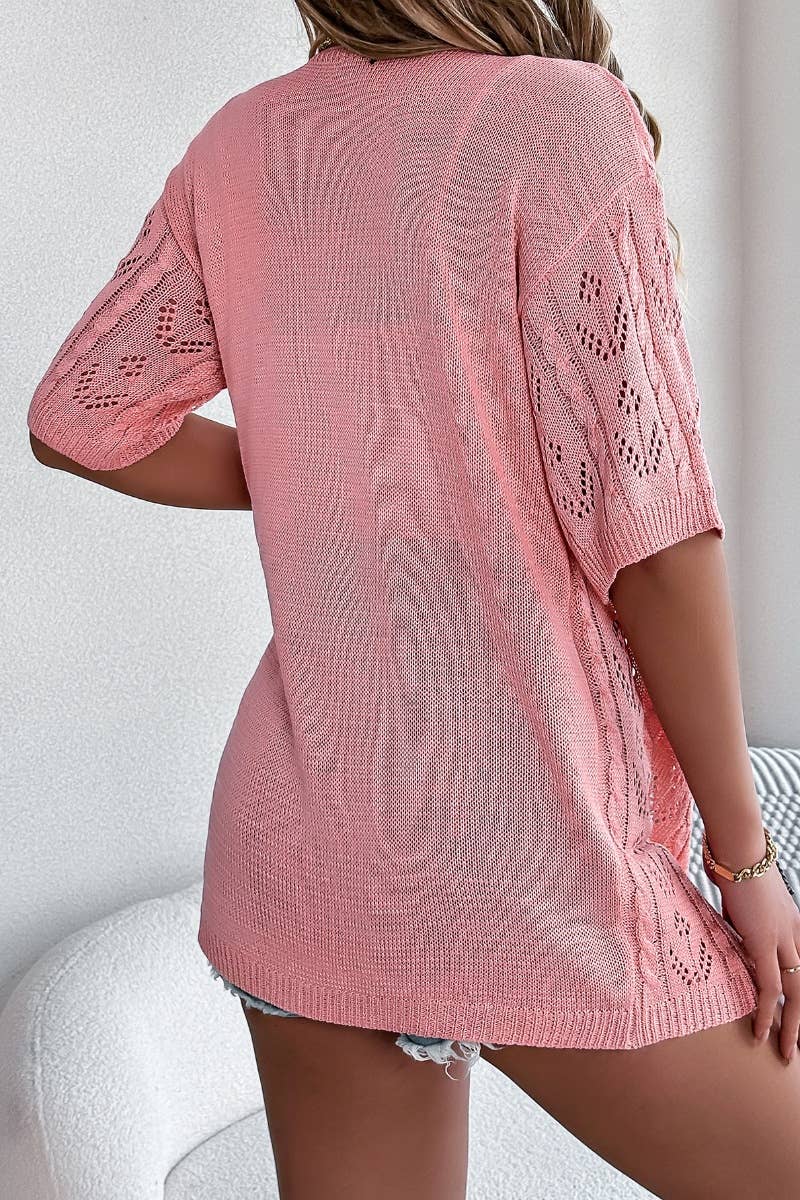 CWTBLS1021_SUMMER HOLLOWED-OUT SHORT-SLEEVED CARDIGAN TOP