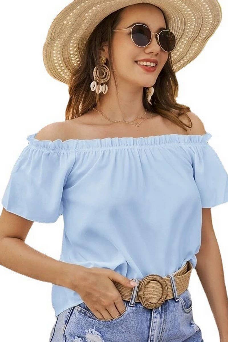 CWTBLS1493_SOLID COLOR OFF-SHOULDER RUFFLE SHIRT TOP