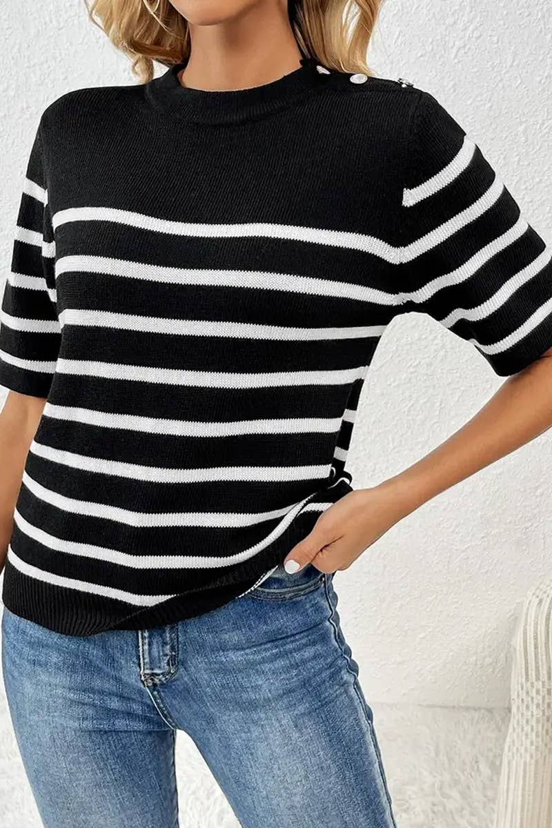 CWTTS1309_STRIPED FASHION ROUND NECK SHORT SLEEVE SWEATER
