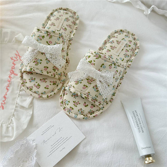 LACE BOW SMALL FLORAL THICK-SOLED HOME SLIPPERS