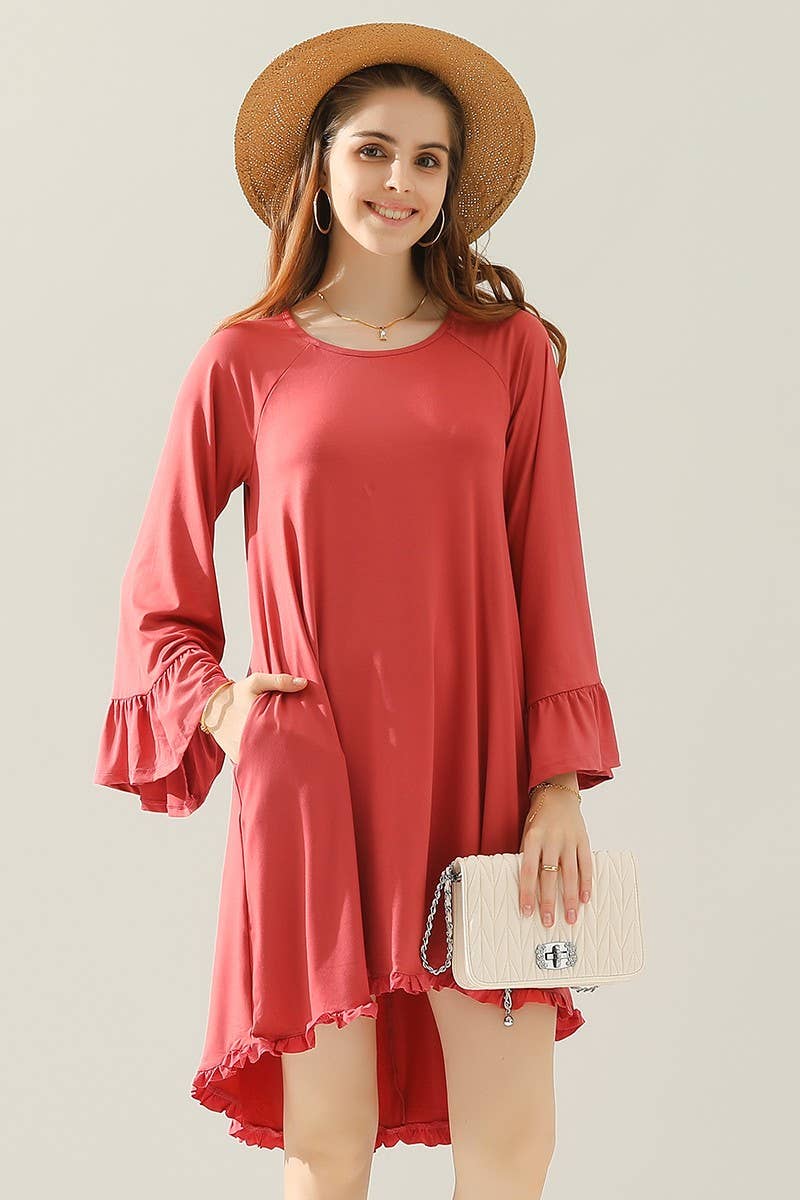 CWDSD10406_RUFFLE DETAIL LONG SLEEVE DRESS WITH SIDE POCKET